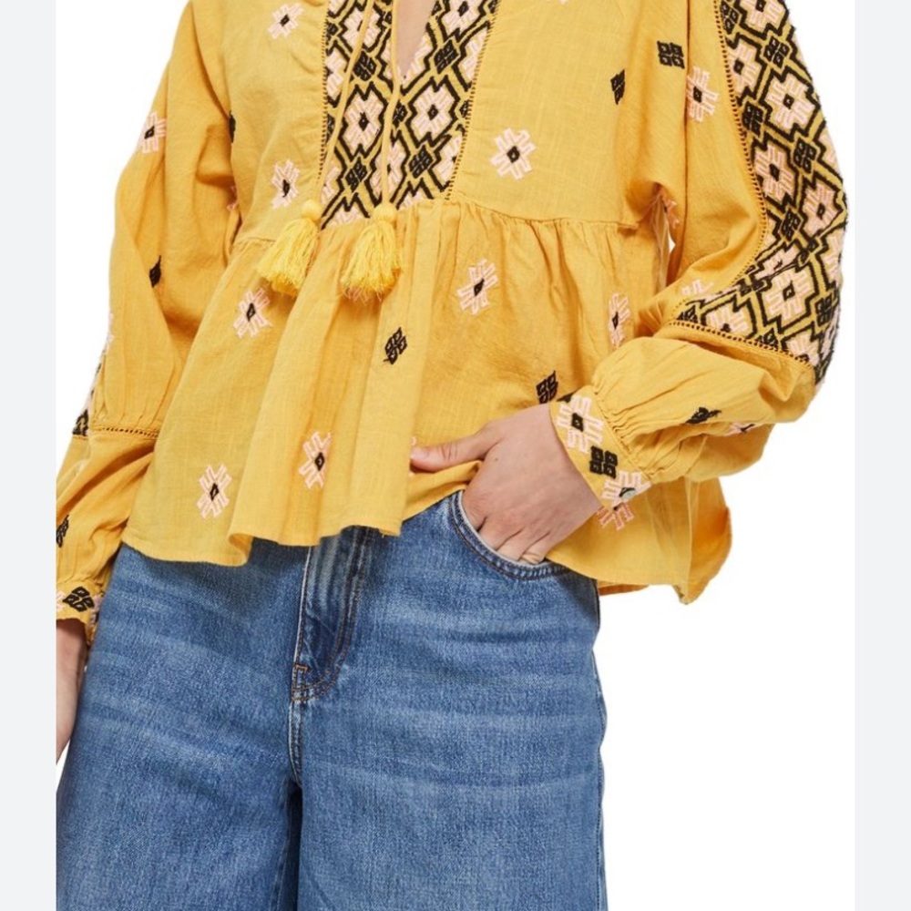 Topshop Yellow Peplum Blouse with Bib Collar and Embellishments